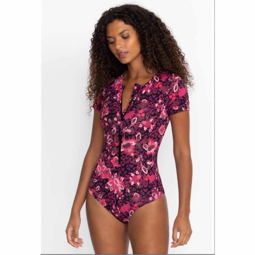 Johnny Was Machila Mixed Short Sleeve One Piece Swimsuit Size Small Pink NWT
